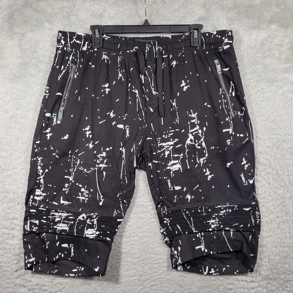 Encrypted Moto Shorts Mens 2XL Black White Paint Splatter Drawstring Biker